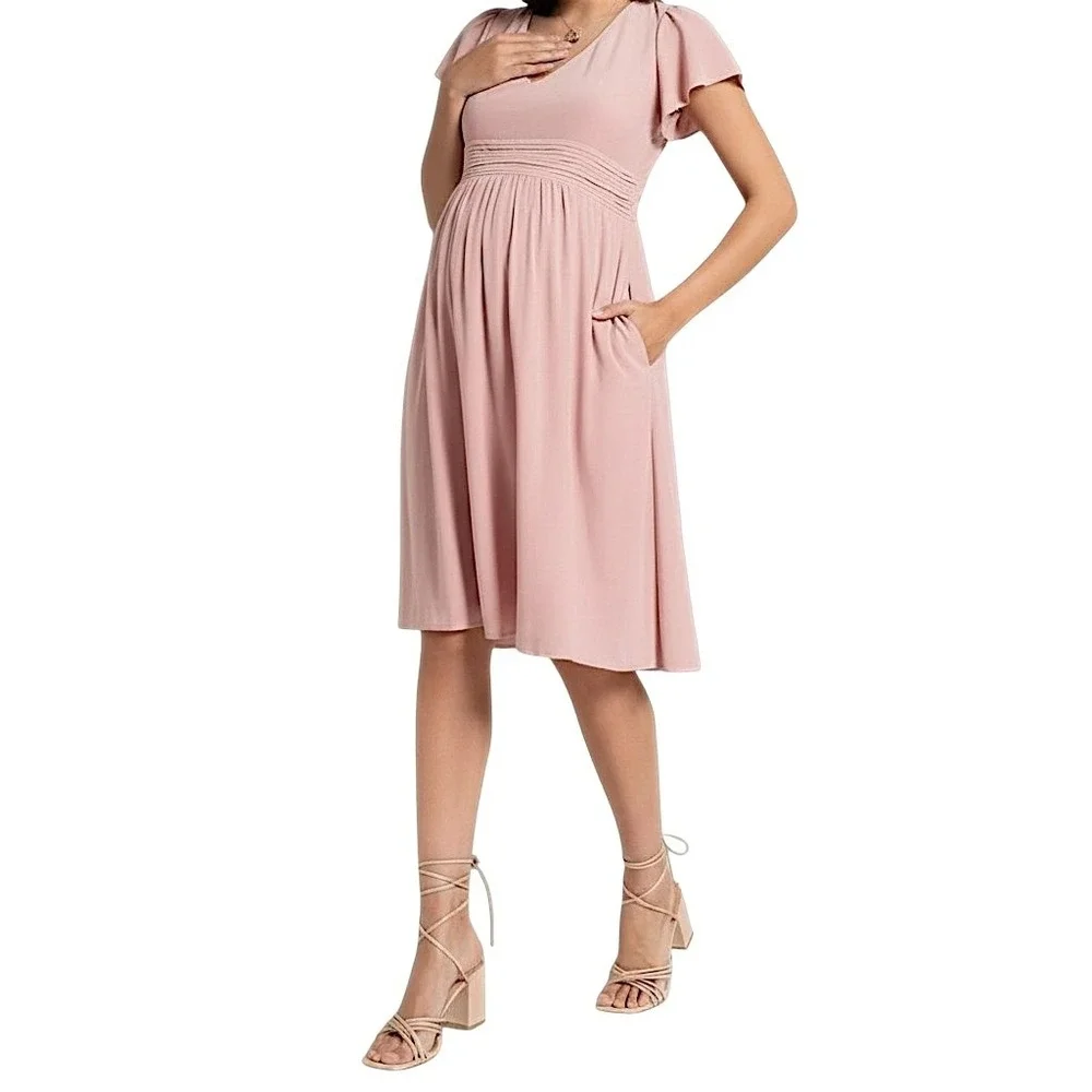 Seraphine Luxe Maternity Dress 8 Sariah Midi Flutter Sleeve Blush Pink Fairy NEW
